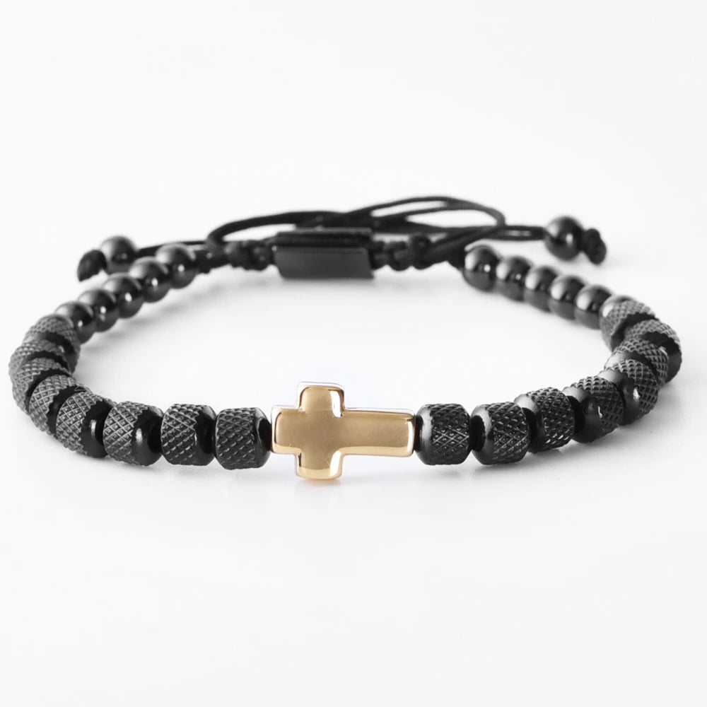 Cross Stainless Steel Beaded Bracelet Handmade Prayer Fitness Jewelry For Men And Women