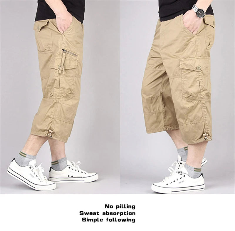 Long Length Cargo Shorts Men Summer Multi-Pocket Casual Cotton Elastic Capri Pants Men Military Tactical Short Hot Breeches  5XL