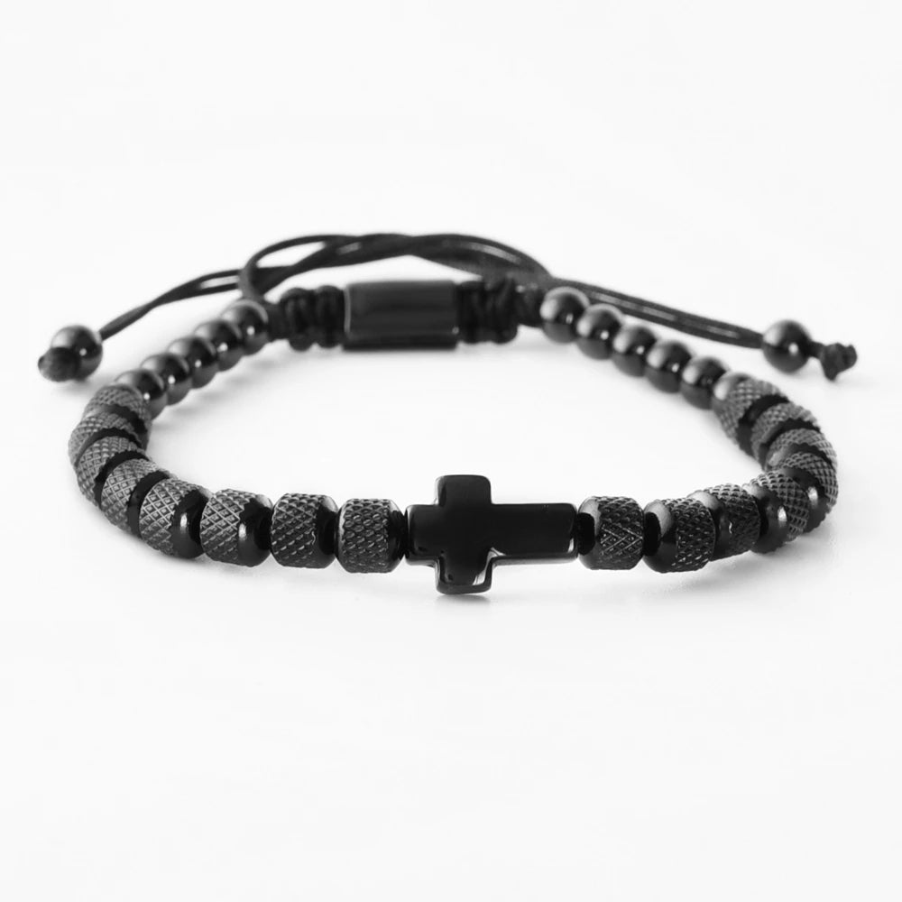 Cross Stainless Steel Beaded Bracelet Handmade Prayer Fitness Jewelry For Men And Women