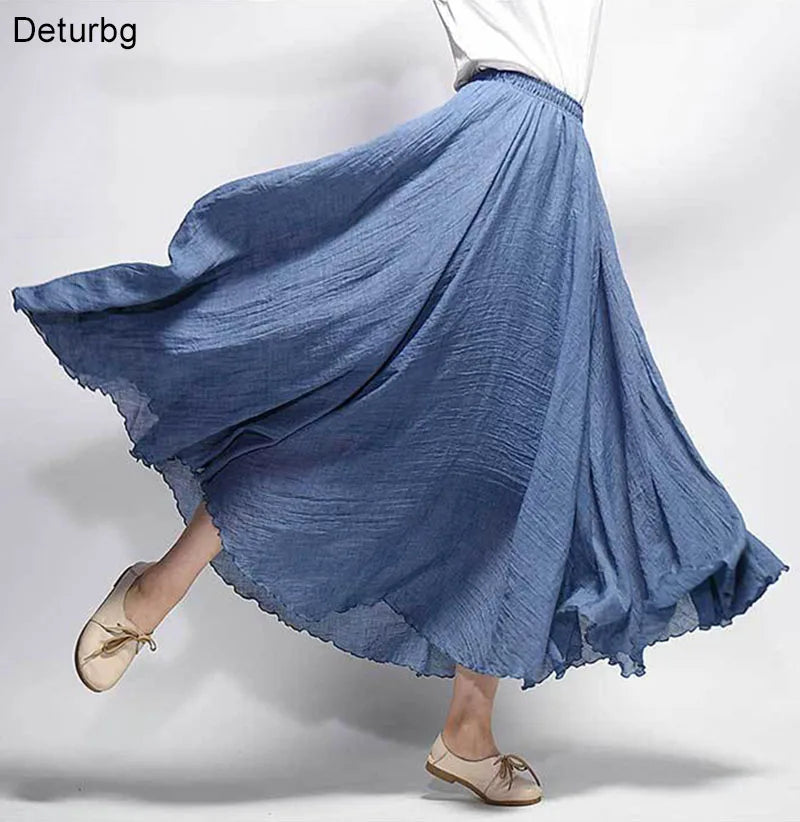 Women's Elegant High Waist Linen Maxi Skirt 2026 Summer Ladies Casual Elastic Waist 2 Layers Skirts Saia Feminina 20 Colors SK53