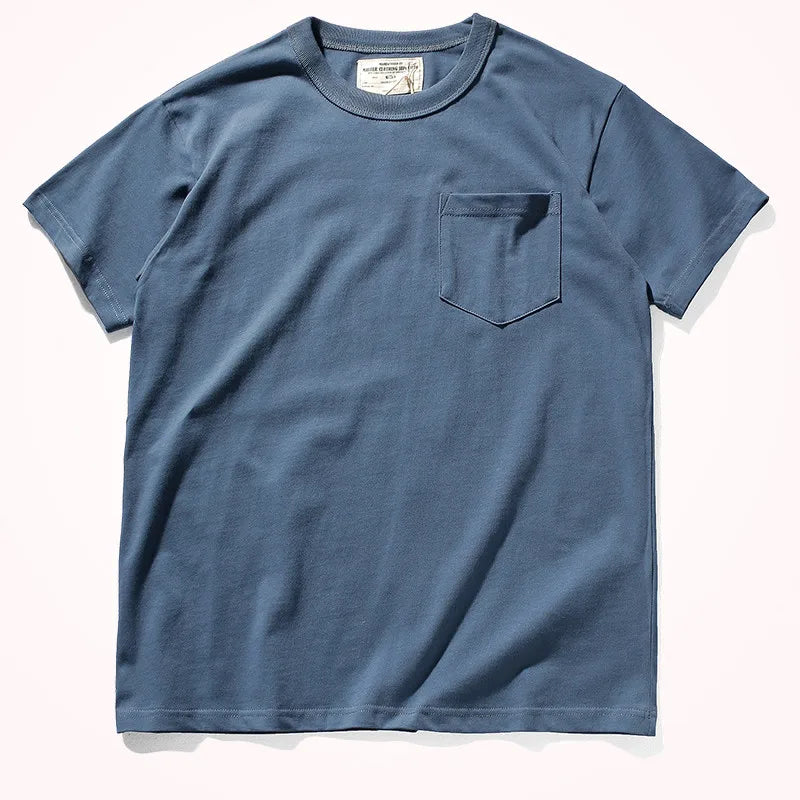 2025 Summer New Pocket T-shirt Men's Short-sleeved Retro Solid Color Simple Round Neck Heavy Weight Washed Old Bottoming Tops