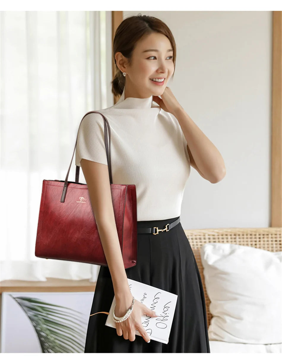 Vintage Large Capatity Tote Shoulder Bags Fashion Top-Handle Bags High Quality Leather Bags Casual Letter Design Handbag