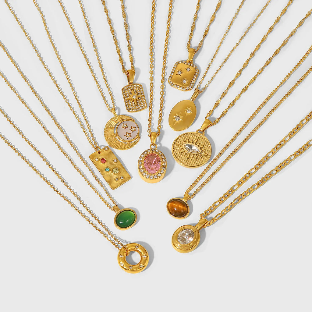 Fashion Oval Natural Tiger Eyes Gemstone Pendant Necklace Women'S 18K Gold Plated Stainless Steel Chain Necklace