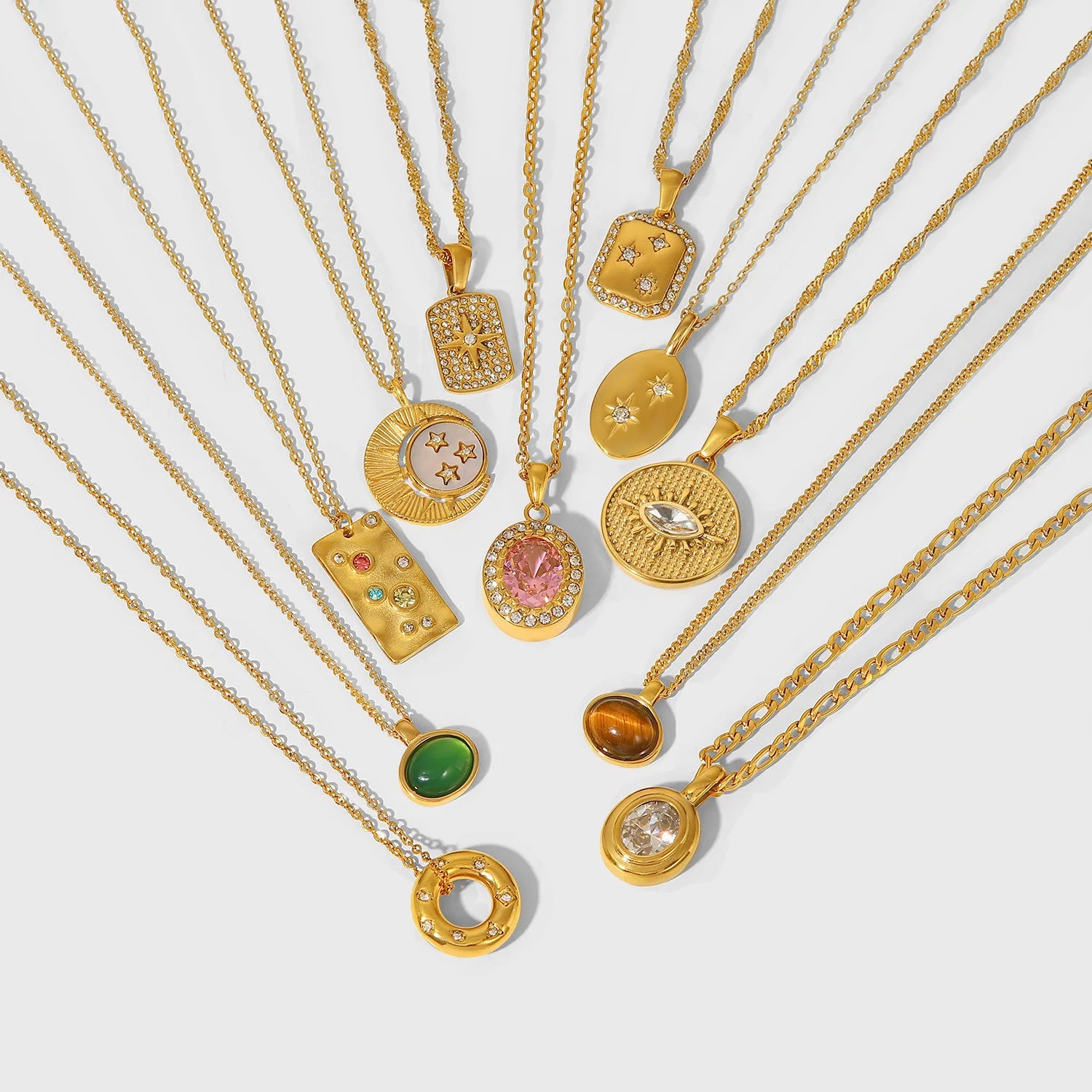 Fashion Oval Natural Tiger Eyes Gemstone Pendant Necklace Women'S 18K Gold Plated Stainless Steel Chain Necklace