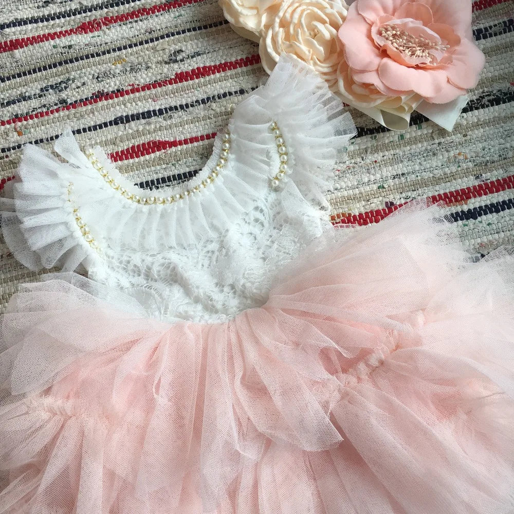 Spanish Toddler Girls Beading Dress for Baby Baptism Dress Birthday Kids Flutter Sleeve Tutu Princess Vestido Clothing