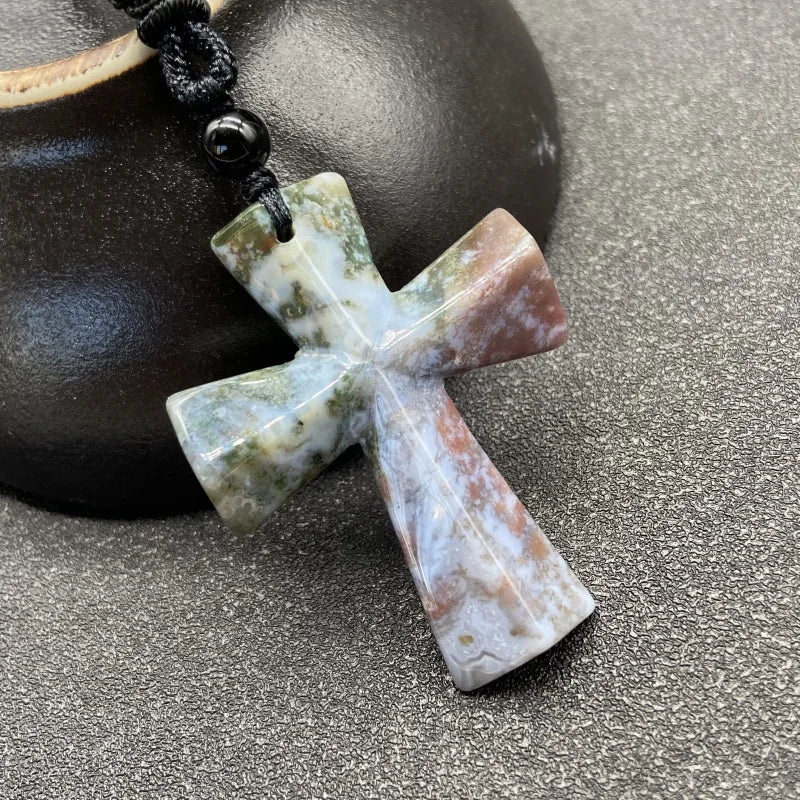 Joya Hand Carved Gemstone Cross Pendant Necklace For Men & Women'S With Adjustable Rope Quartz Crystal Jesus Punk Jewelry