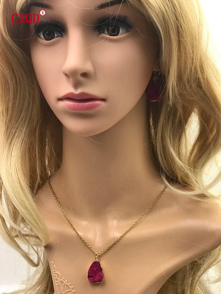 Fashion Cute Lady Water Drop Stainless Steel Resin Pendant Earring Necklace Combination Sweet Multicolor Girl Jewelry Party Gift
