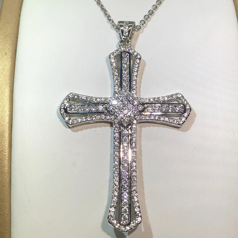 925 Silver Zircon Cross Long Chain Statement Necklace