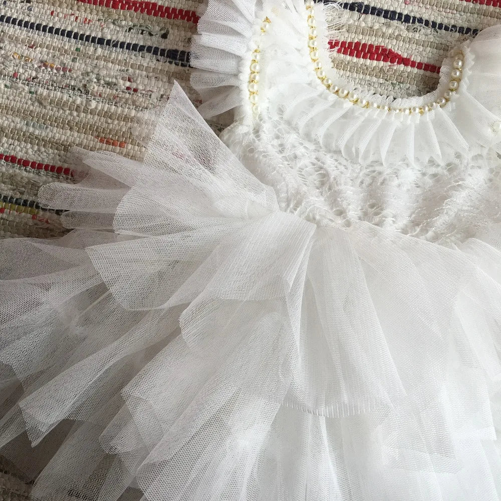 Spanish Toddler Girls Beading Dress for Baby Baptism Dress Birthday Kids Flutter Sleeve Tutu Princess Vestido Clothing