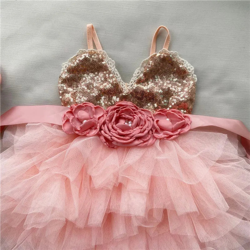 Shinny Flower Girls Christmas Dress for Kids Toddle Party Gown Gold Sequined Layered Tutu Dress Children New Year Dress Clothing