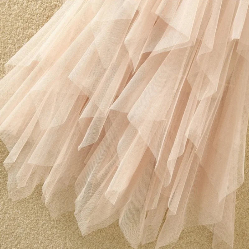 Women irregular Tulle Skirts Fashion Elastic High Waist Mesh Tutu Skirt Pleated Long Skirts Midi Skirt Saias Faldas Jupe Femmle
