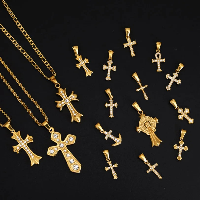 Trendy DIY 316l 18k Stainless Steel Luxury Customize Zircon Cross Charms Pendant Accessories for Jewelry Making Wholesale