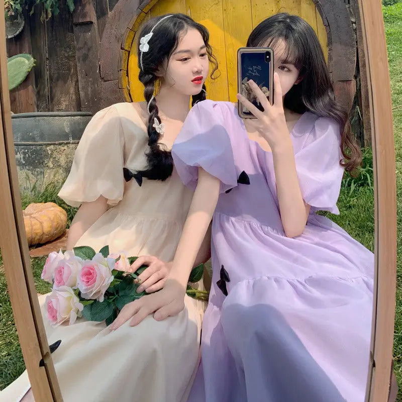 French Square Neck Puff Sleeve Dress Women Mesh Bow Loose Long Summer New Purple Dresses Female