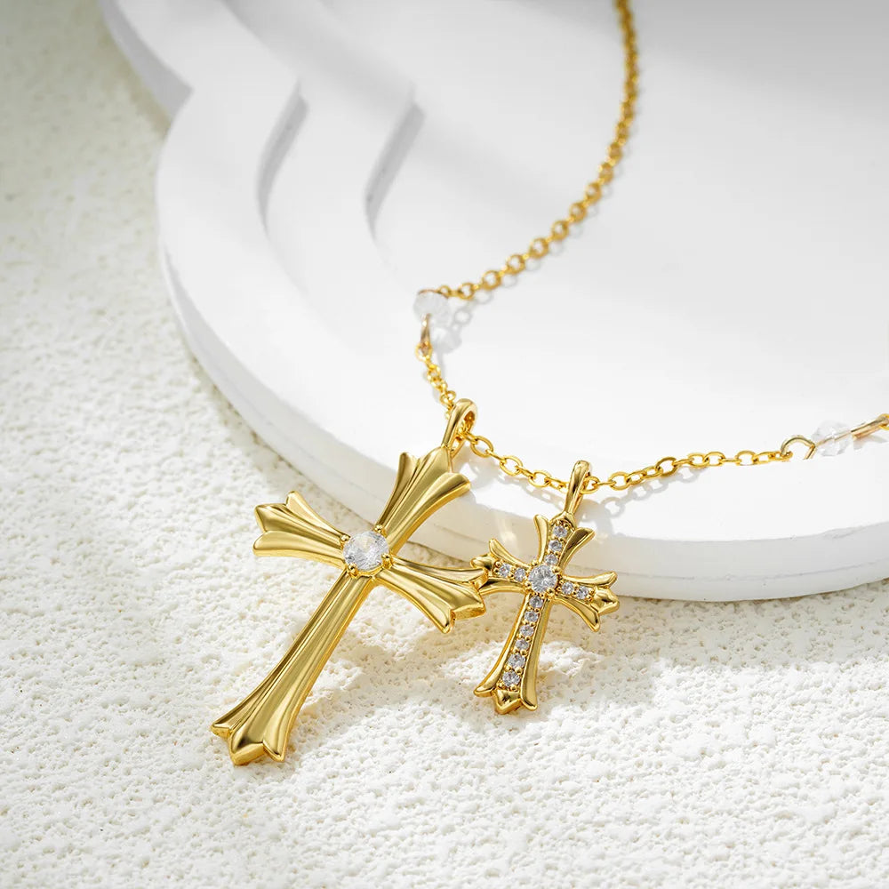Stainless Steel Igi Certificate 18K Gold Plated Cross Crystal Rhinestone Bamboo Chain Pendant Necklace For Anniversary Wedding