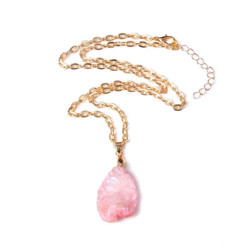 Metal chain healing energy necklace for women Dyed Natural crystal agat druzy crystal Minerals gem stone pendant charm necklace