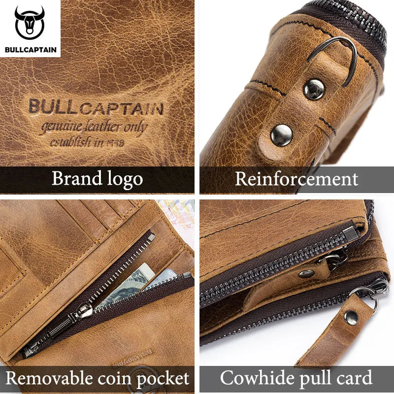 BULLCAPTAIN Authentic Leather Men's Wallet Short Purse Small Retro Wallet Brand High RFID New Short Wallet