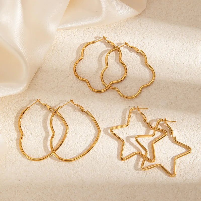Large Stainless Steel Stud Earrings High-End Gold-Plated Heart-Shaped Five-Pointed Star Design Colorfast For Occasions