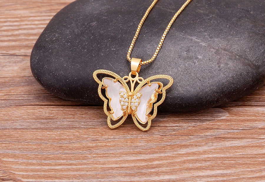 Nidin Top Quality Austrian Crystal Zircon 10 Colors Butterfly Pendant For Women Female Colorful Animal Necklace Jewelry Gifts