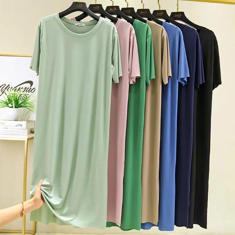 Fresh candy color night dress women new ice silk cotton summer nightshirt casual loose nightgowns student's sleepwear dresses