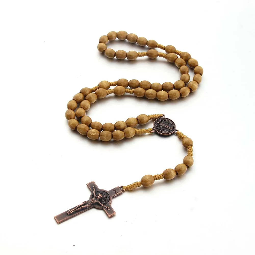Jesus Cross Pendant Necklace Catholic Rosary Christian Religious Cross Hand Made Wooden Beads Exorcism Necklace Vintage Jewelry