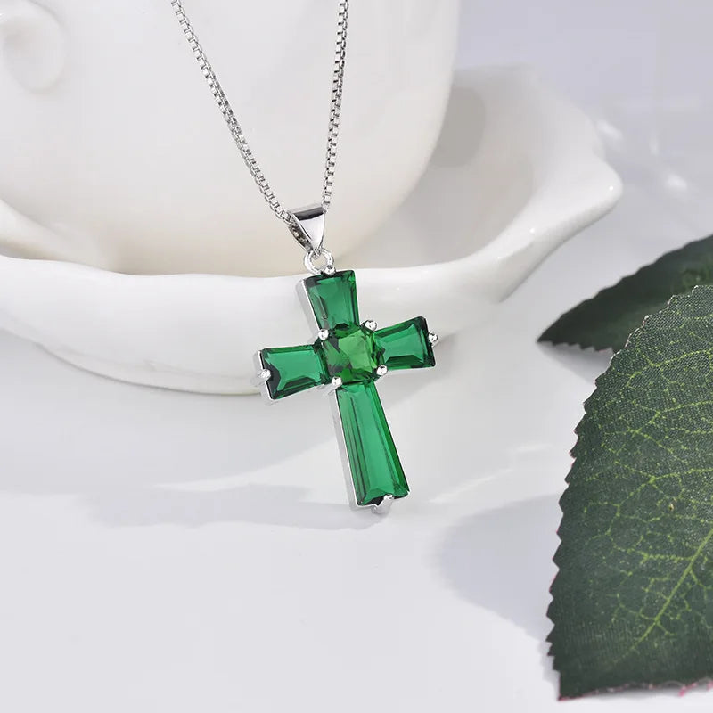 Handmade Emerald Cross Pendant Real 925 Sterling Silver Wedding Pendants Necklace For Women'S Men Genuine Gemstone Jewelry