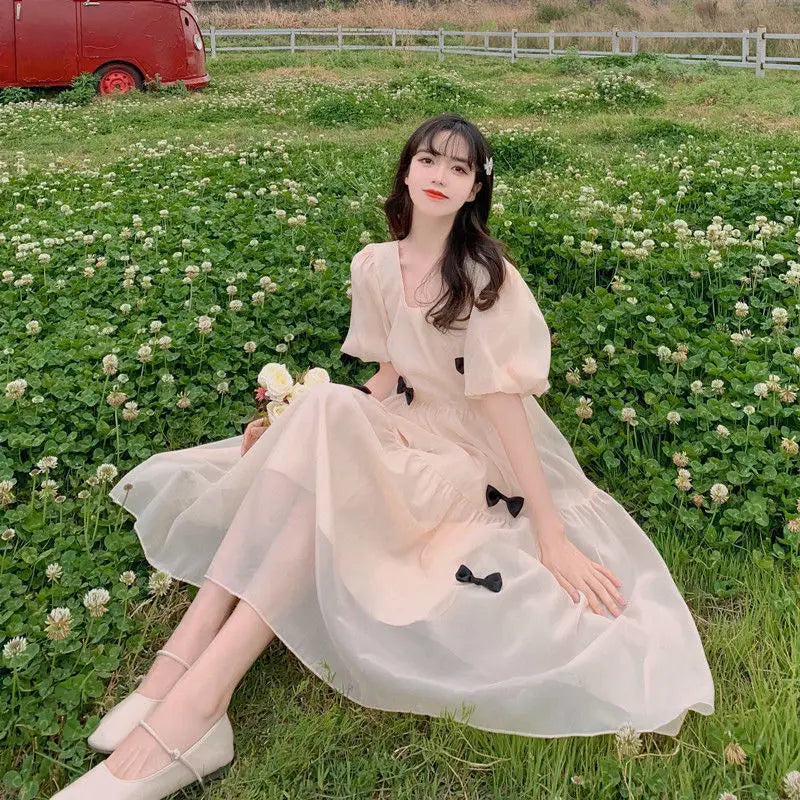 French Square Neck Puff Sleeve Dress Women Mesh Bow Loose Long Summer New Purple Dresses Female