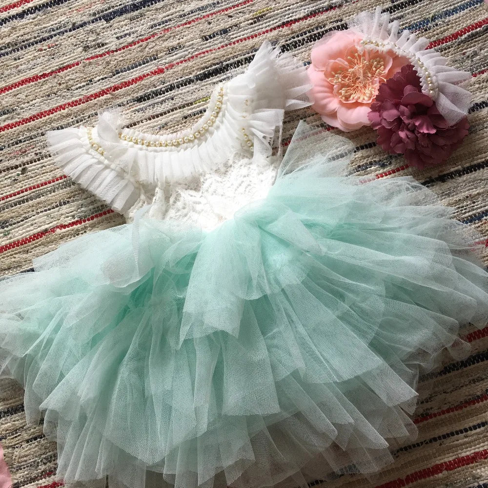 Spanish Toddler Girls Beading Dress for Baby Baptism Dress Birthday Kids Flutter Sleeve Tutu Princess Vestido Clothing