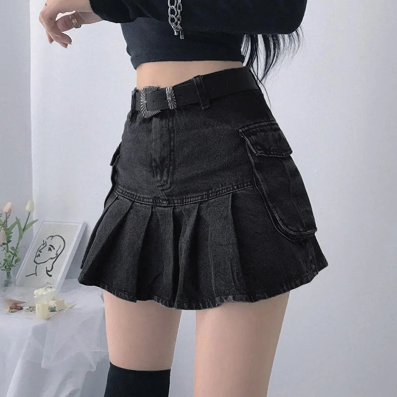 AltGoth Harajuku Y2k Denim Skirt Women Dark Gothic Streetwear Mini Skirt with Skull Belt Mall Goth Punk Grunge Sexy Emo Clubwear