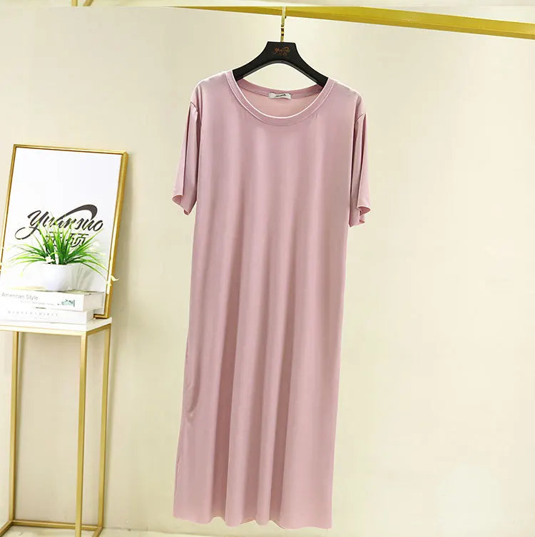 Fresh candy color night dress women new ice silk cotton summer nightshirt casual loose nightgowns student's sleepwear dresses