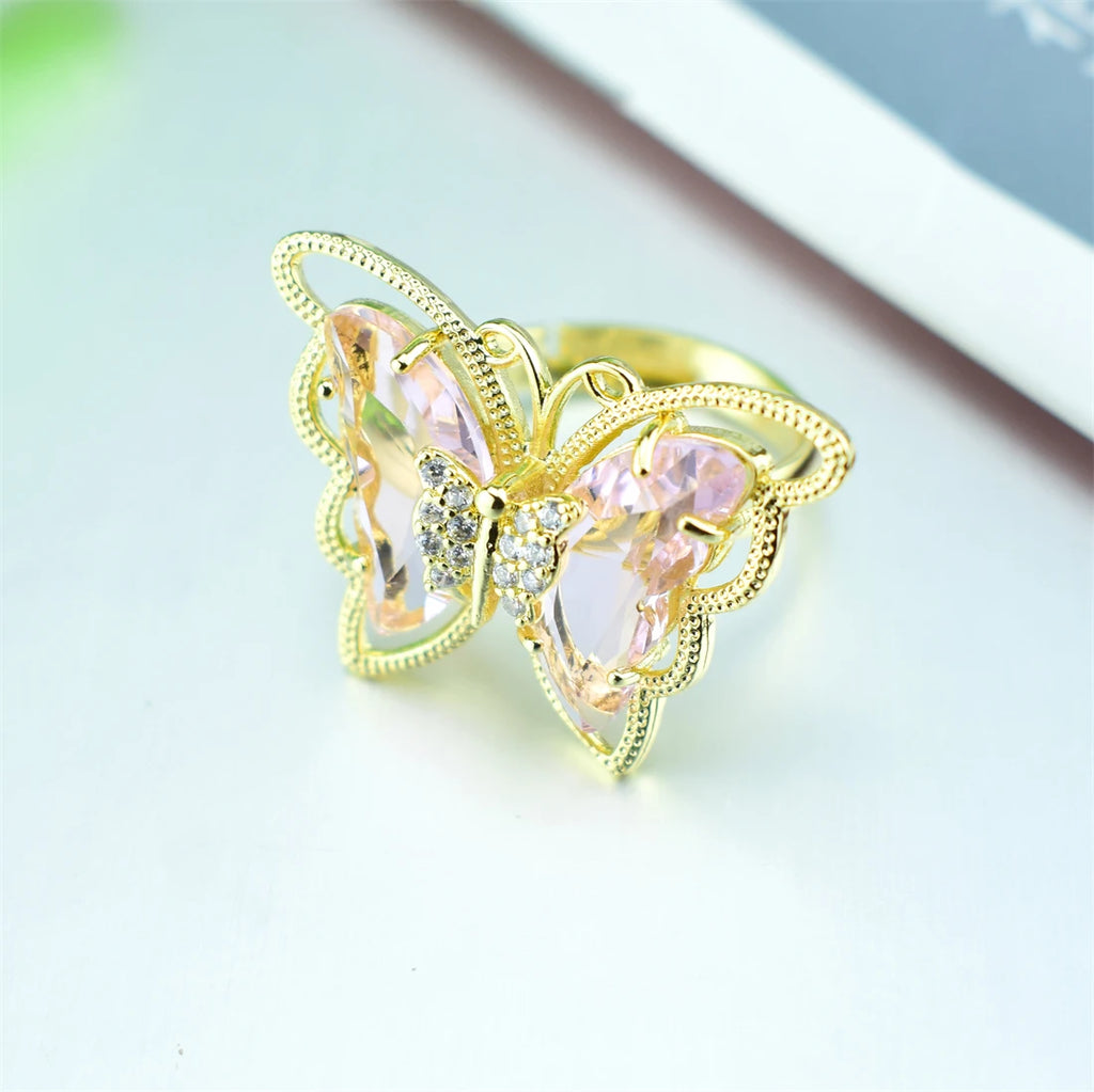 2021 New Fashion Ladies Glass Crystal Butterfly Ring 18 Colors Optional Adjustable Ladies Anniversary Gift Bulk Wholesale