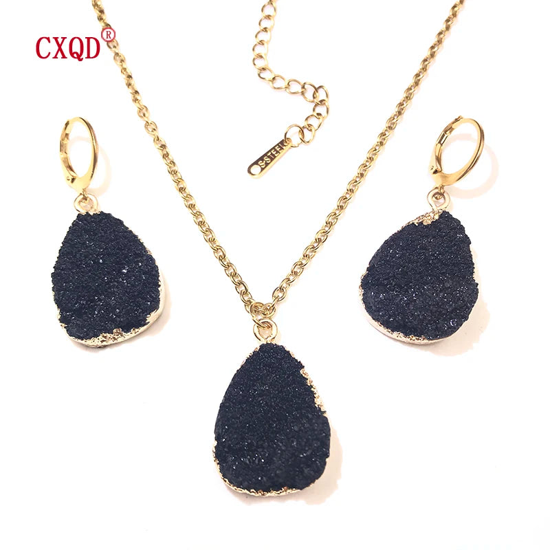 Fashion Cute Lady Water Drop Stainless Steel Resin Pendant Earring Necklace Combination Sweet Multicolor Girl Jewelry Party Gift