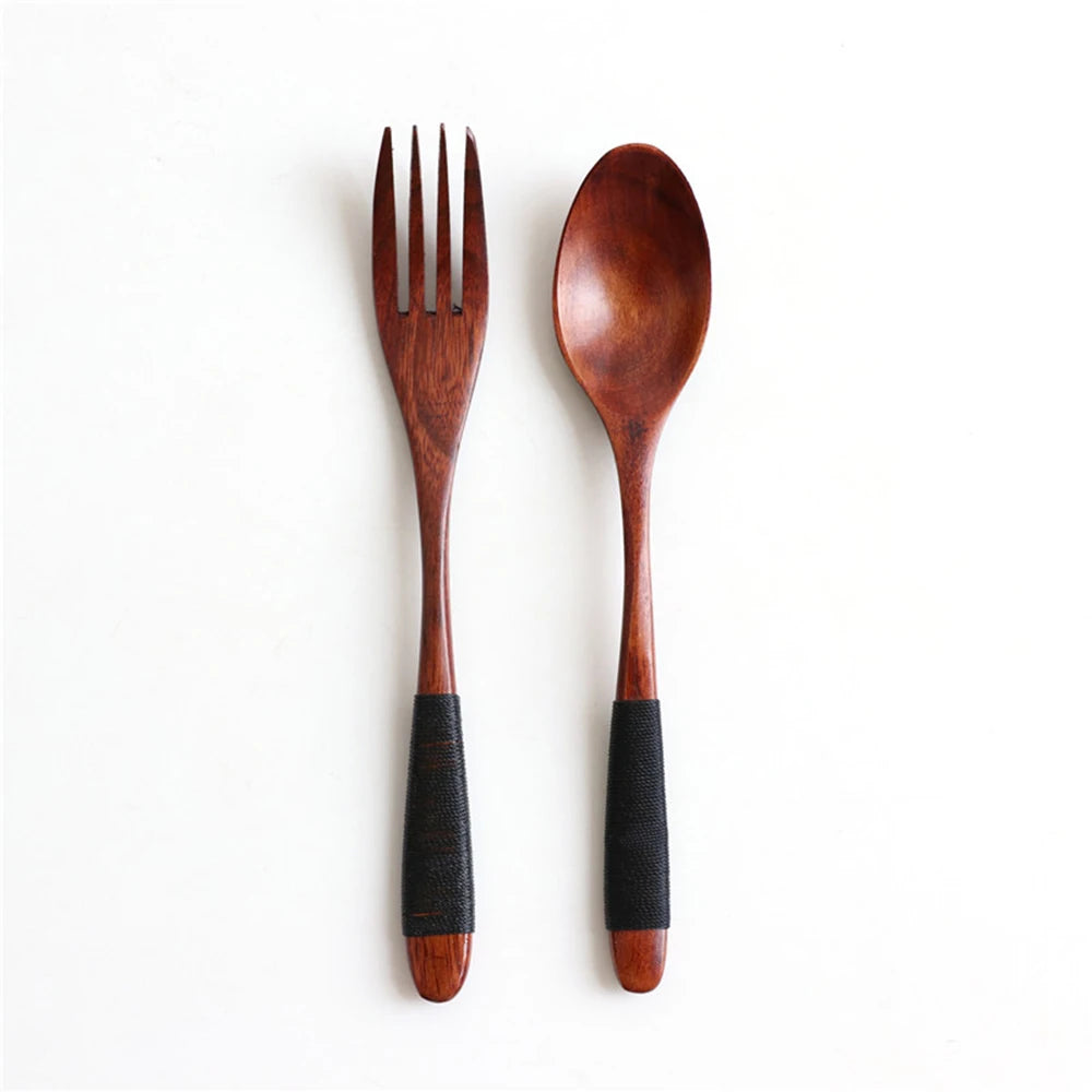 2 Cucharas y Tenedores de Madera Natural para Cena, Kit de Utensilios para Arroz, Sopas, Cereales, Hecho a Mano, Vajilla para Mesa de Hogar, Cubiertos para Cocina