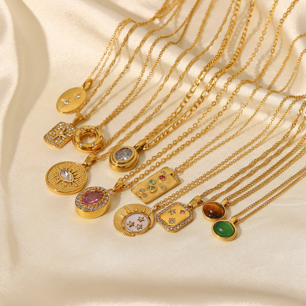 Fashion Oval Natural Tiger Eyes Gemstone Pendant Necklace Women'S 18K Gold Plated Stainless Steel Chain Necklace
