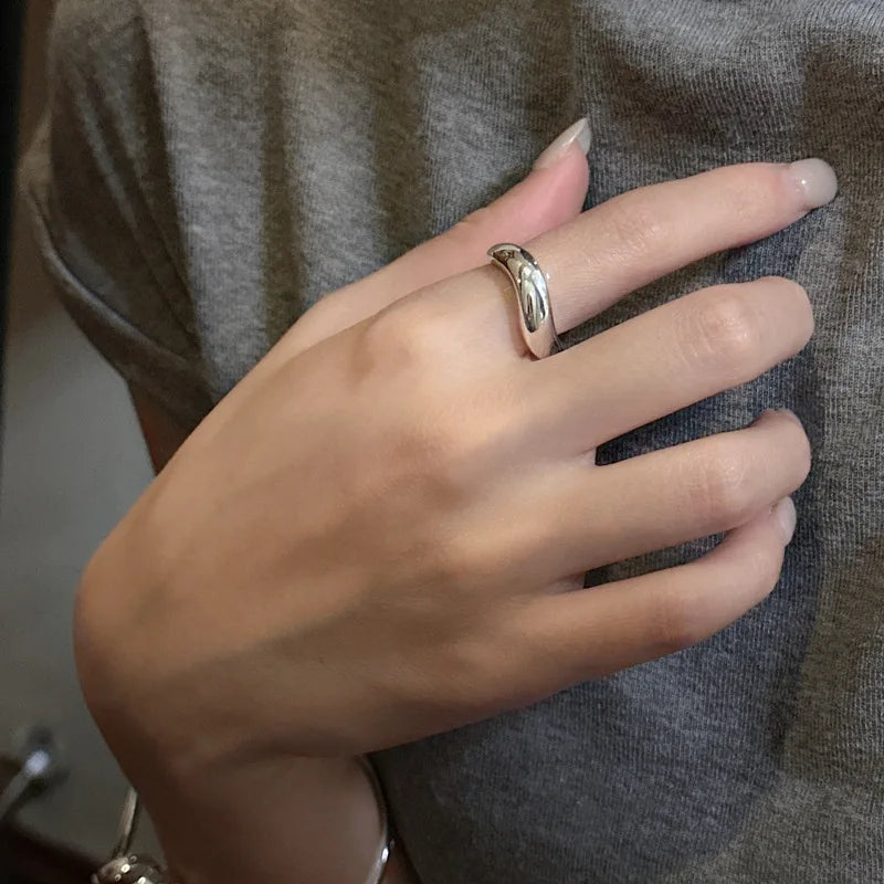 Korean Style Geometric 100% 925 Sterling Silver Wave Open Adjustable Finger Rings For Girls Fine Jewelry