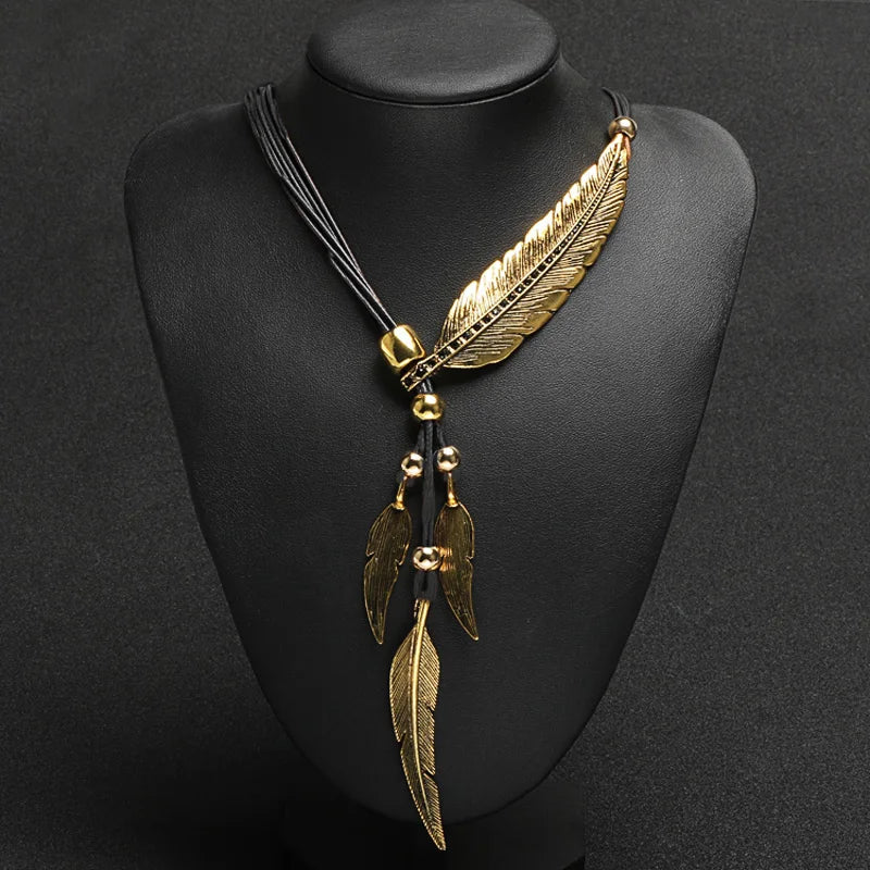 Trend Fine Jewelry Leaf Feather Pendant Rope Chain Bohemian Unisex Necklace For Women And Men