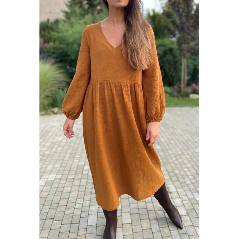 Casual 100% Cotton Women'S Dresses Muslin Sexy V-Neck Long Sleeve Elegant Maxi Dress Midi Robe Female Clothing