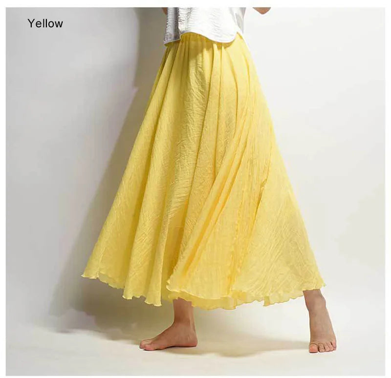 Women's Elegant High Waist Linen Maxi Skirt 2026 Summer Ladies Casual Elastic Waist 2 Layers Skirts Saia Feminina 20 Colors SK53