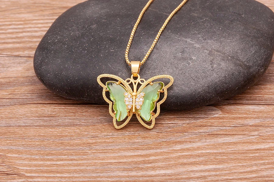 Nidin Top Quality Austrian Crystal Zircon 10 Colors Butterfly Pendant For Women Female Colorful Animal Necklace Jewelry Gifts