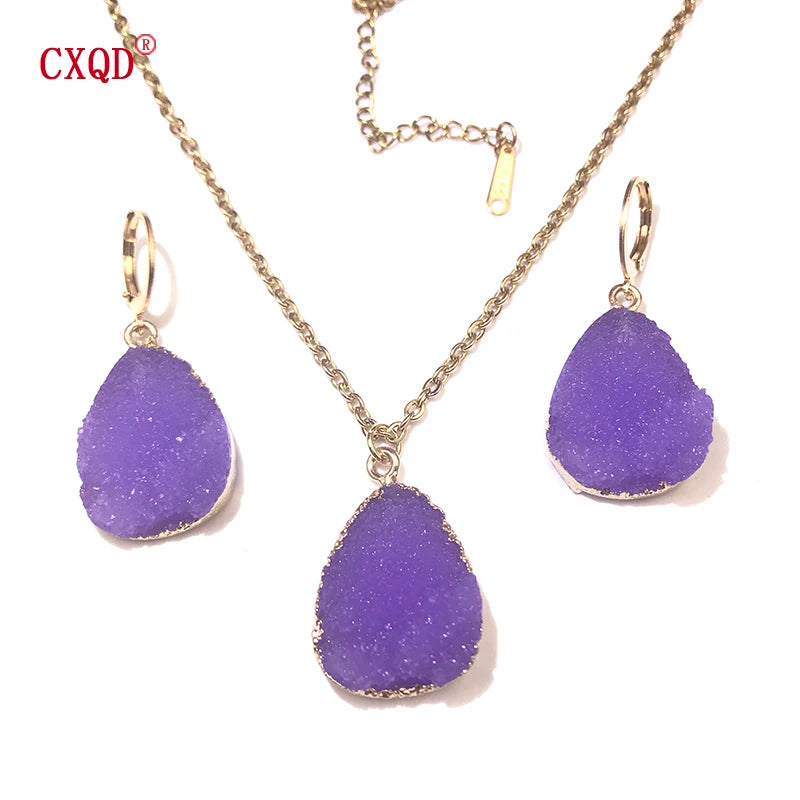 Fashion Cute Lady Water Drop Stainless Steel Resin Pendant Earring Necklace Combination Sweet Multicolor Girl Jewelry Party Gift