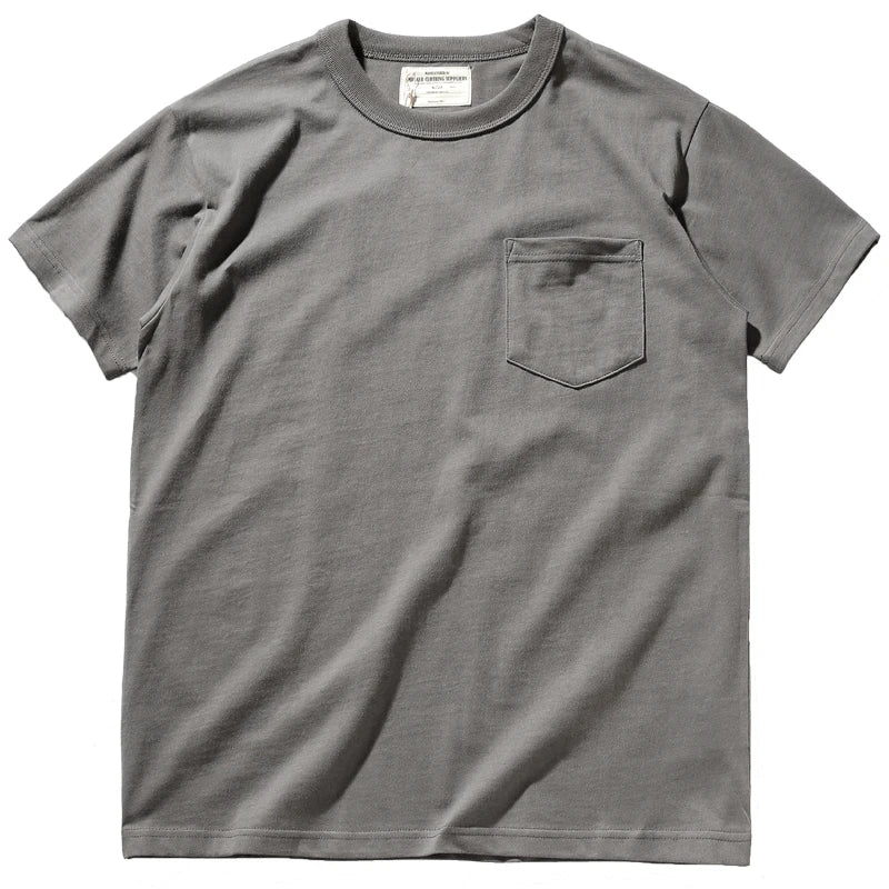 2025 Summer New Pocket T-shirt Men's Short-sleeved Retro Solid Color Simple Round Neck Heavy Weight Washed Old Bottoming Tops