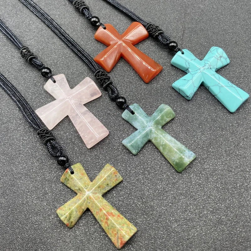 Joya Hand Carved Gemstone Cross Pendant Necklace For Men & Women'S With Adjustable Rope Quartz Crystal Jesus Punk Jewelry