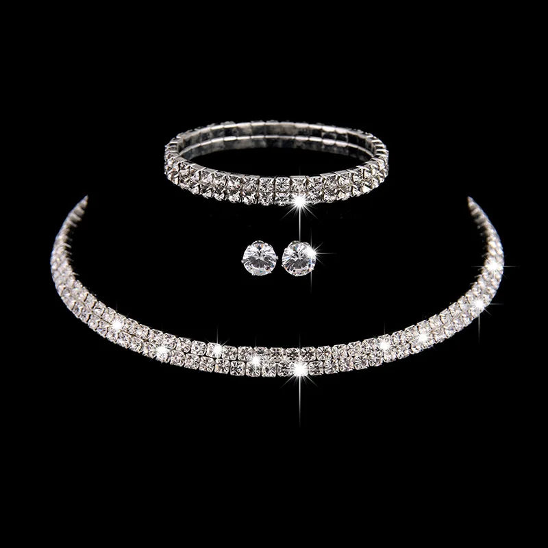 Bridal Jewelry Set Glamorous Crystal Rhinestones Necklace Earrings Silver Plated For Brides