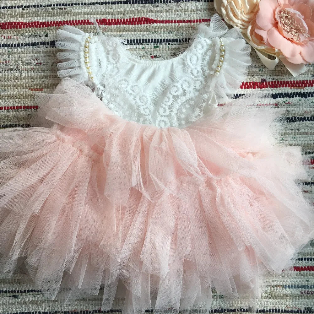Spanish Toddler Girls Beading Dress for Baby Baptism Dress Birthday Kids Flutter Sleeve Tutu Princess Vestido Clothing