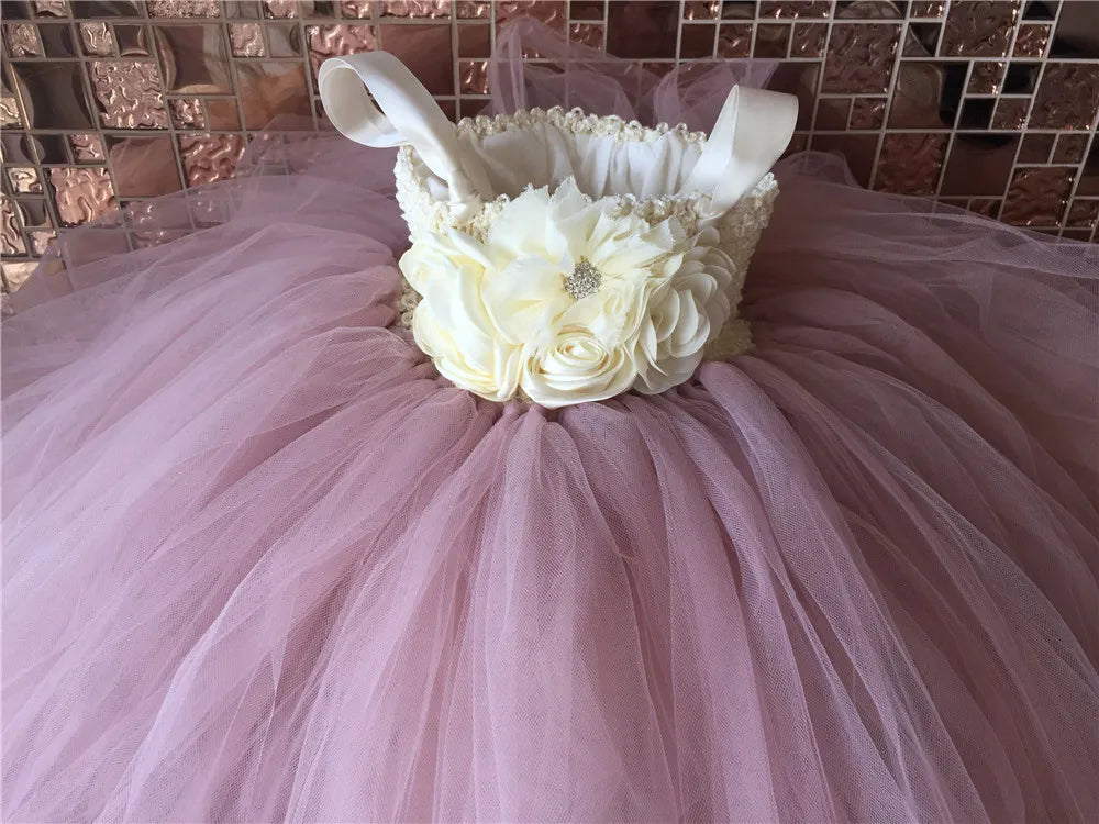 Lovely Girls Dirty Pink Tutu Dress Kids Crochet Flower Dress with Straps and Roses Children Birthday Party Cosplay Costume Dress