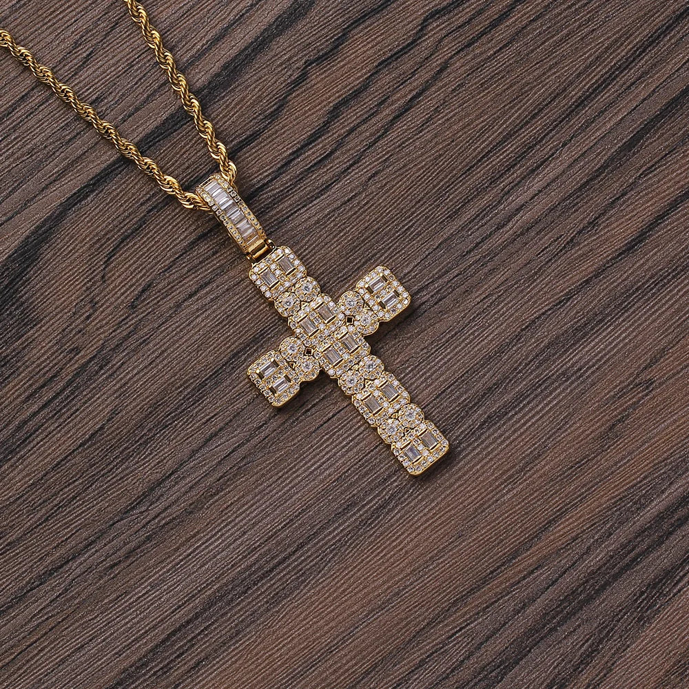 Cn341 Brass Setting CZ Cross Pendant Necklace For Hip Hop Jewelry Fans Bling Bling Style
