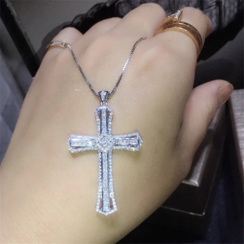 14K Gold Long Diamond Cross Pendant 925 Sterling Silver Wedding Pendants Necklace For Women'S Men Moissanite Jewelry