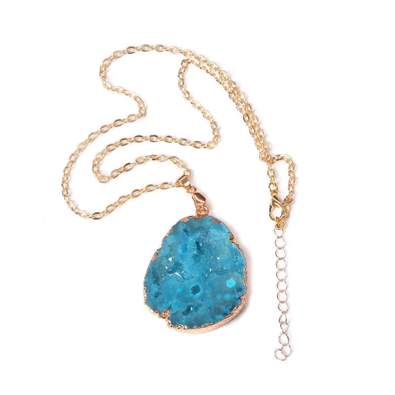 Metal chain healing energy necklace for women Dyed Natural crystal agat druzy crystal Minerals gem stone pendant charm necklace