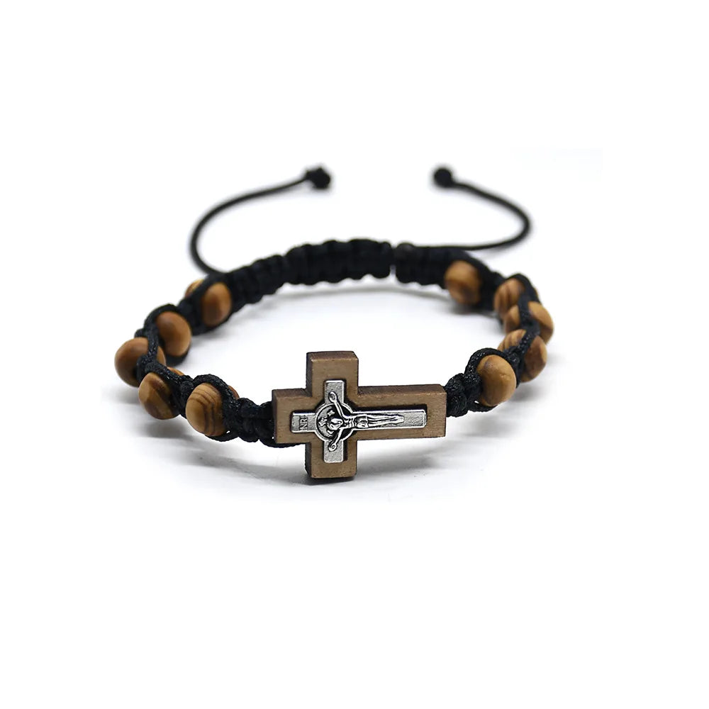 Cross Bracelet Pine Wood Beads Beaded Hand Woven Bracelet Man Woman Charm Bracelet Religious Jewelry