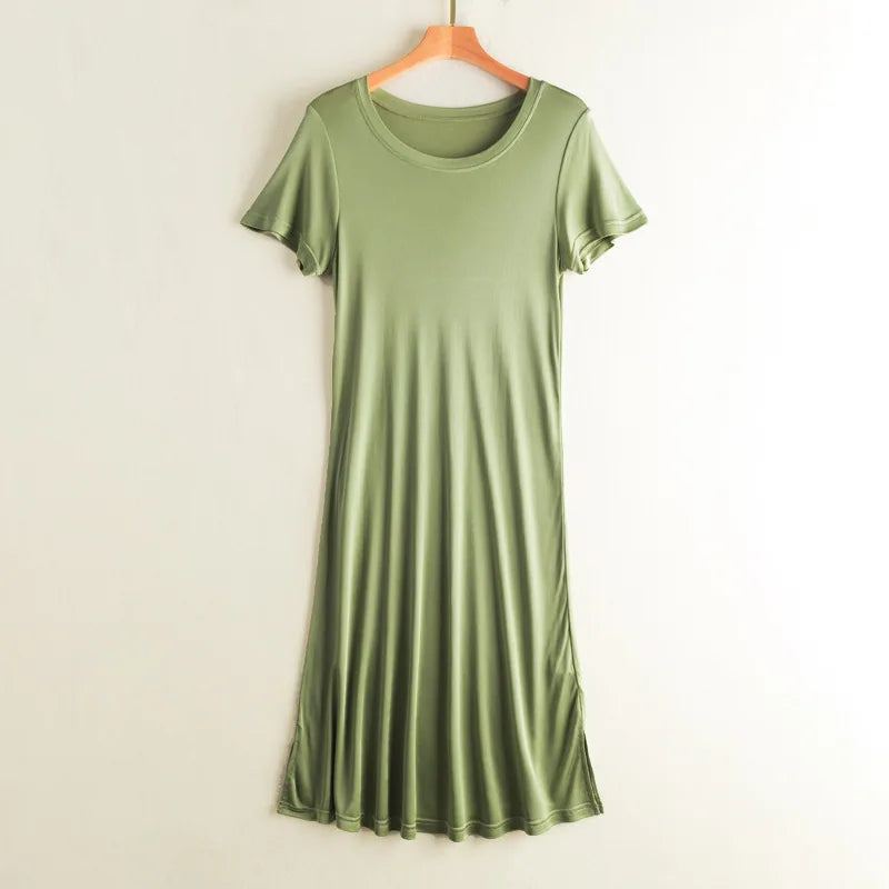 Knitted Silk Dress Solid Color Large Medium Long Mulberry Silk Short Sleeve Round Neck Bottomed Skirt