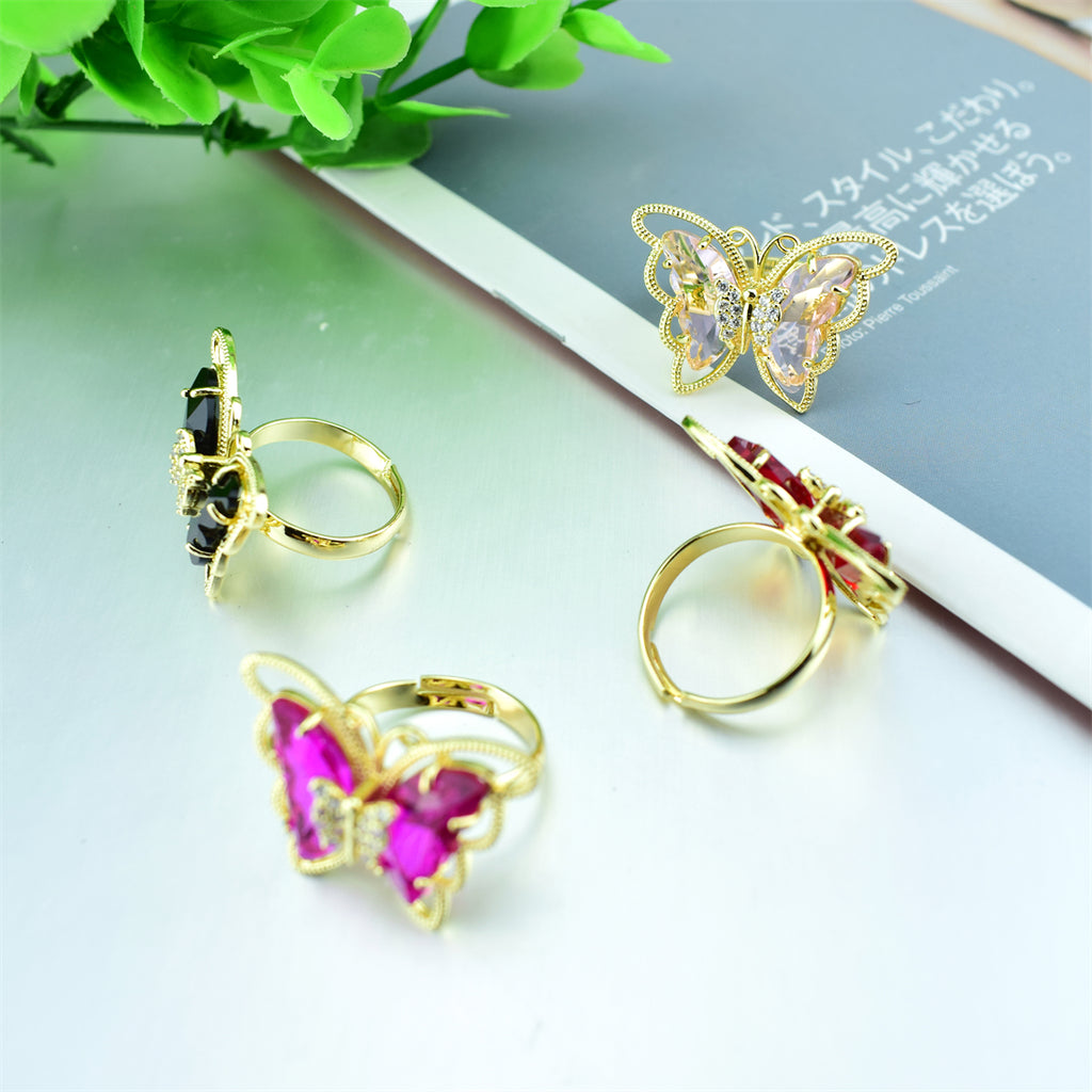 2021 New Fashion Ladies Glass Crystal Butterfly Ring 18 Colors Optional Adjustable Ladies Anniversary Gift Bulk Wholesale